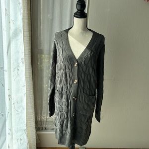 MEROKEETY Long Sleeve Cable Knit Long Cardigan in Charcoal size XL